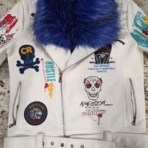 Copper Rivet Cream Jacket With Removable Blue Faux Fur Collar Men's Size M